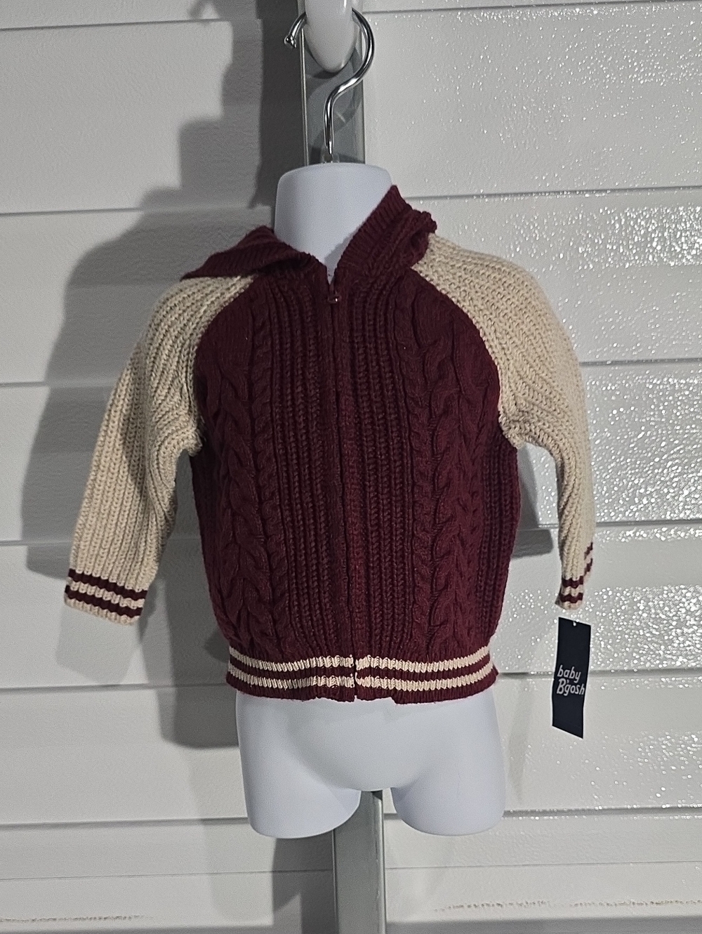 Baby B'gosh Maroon & Cream Cable-Knit Zip Hoodie for Babys Size 6 Months NWT